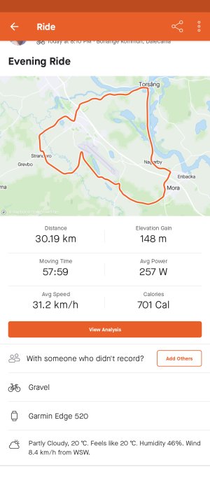Kvällscykeltur visas i app med rutt på karta och statistik: distans 30,19 km, höjdökning 148 m, tid och hastighet.