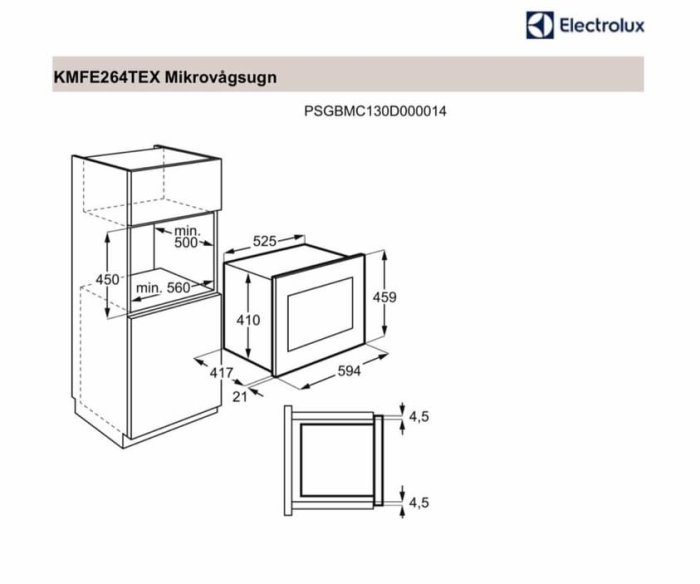 Teknisk ritning av Electrolux mikrovågsugn för inbyggnad, visar dimensioner.