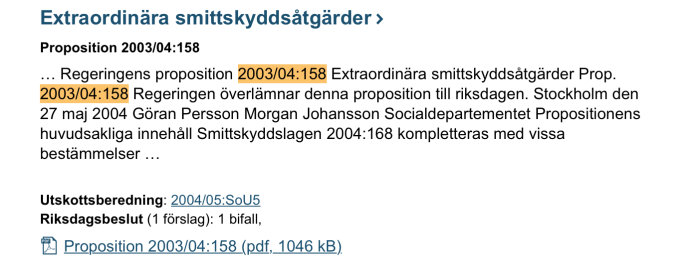 Skärmdump av dokumentet "Proposition 2003/04:158 Extraordinära smittskyddsåtgärder".