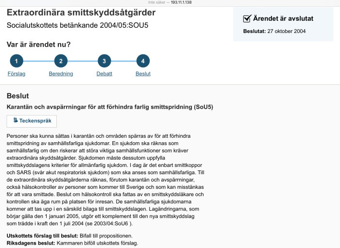 Skärmdump av proposition om extraordinära smittskyddsåtgärder med rubrik och textutdrag.