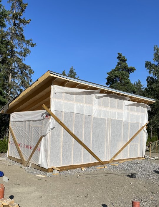 Halvfärdigt hus med skyddsplast och trästöttor på en byggarbetsplats med ofärdig marknivå och träd i bakgrunden.