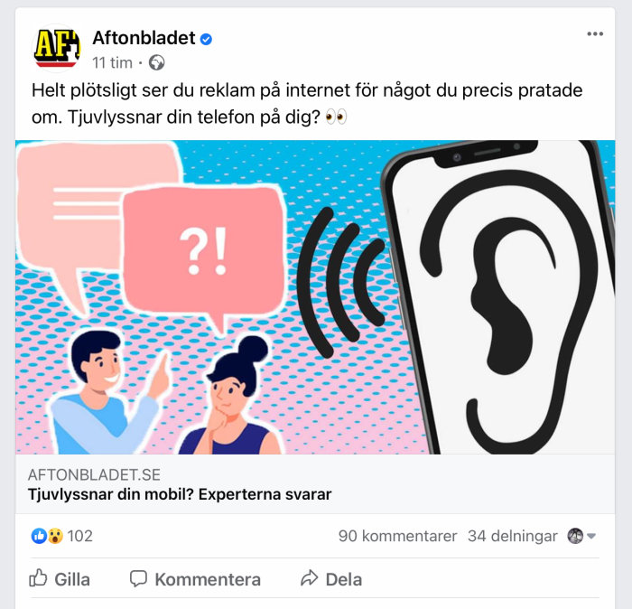 Skärmbild av Aftonbladets Facebook-inlägg om mobilavlyssning med illustration av pratbubblor och en stor mobiltelefon.