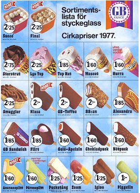 En reklambild från 1977 med olika glassar från HB Glace inklusive 88:an, med priser från 1 krona till 2:75.