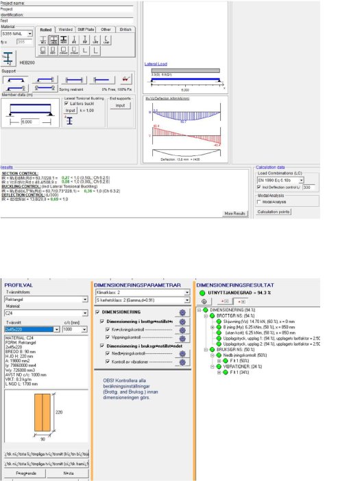 Skärmbild av en teknisk beräkning för en stålbalk med specifikationer och resultat från kontrollberäkningar.