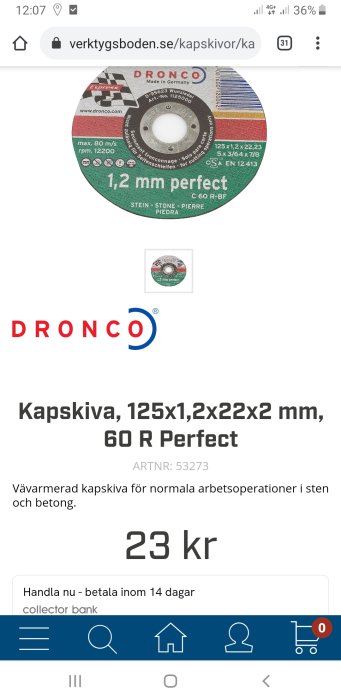 En kapskiva märkt "DRONCO 1,2 mm perfect" för sten och betongarbete på en webbsida med pris och produktbeskrivning.