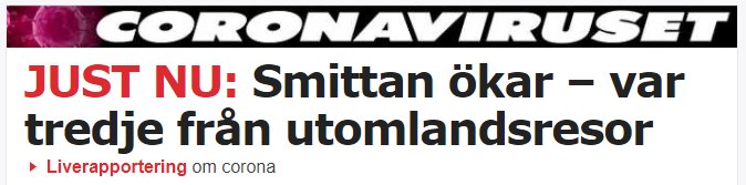 Skärmdump av en nyhetsrubrik som anger att coronaviruset ökar, med tredje vågen kopplad till utlandsresor.