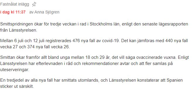 Skärmbild av ett foruminlägg som diskuterar ökande Covid-19-fall i Stockholm och nämner oro över uteserveringar.