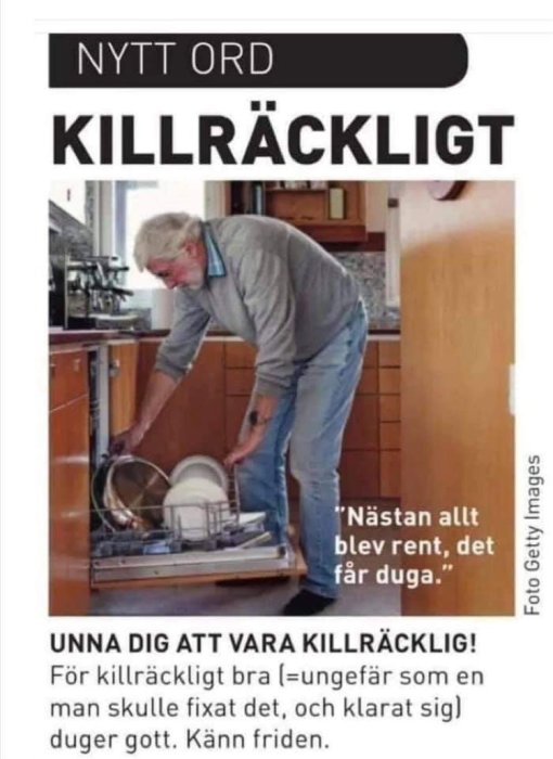 Man lägger in disk i en diskmaskin, nytt ord "killräckligt" och text som förklarar ordet.