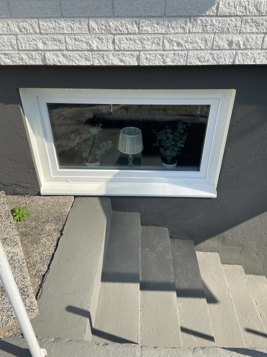 Nytt fönster installerat i grå husgrund, med en lampa och växter synliga inuti.