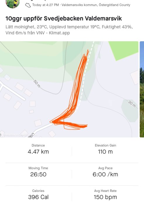 Skärmklipp av en aktivitetsspårningsapp som visar en löptur på 4,47 km med en höjdökning på 110 m.