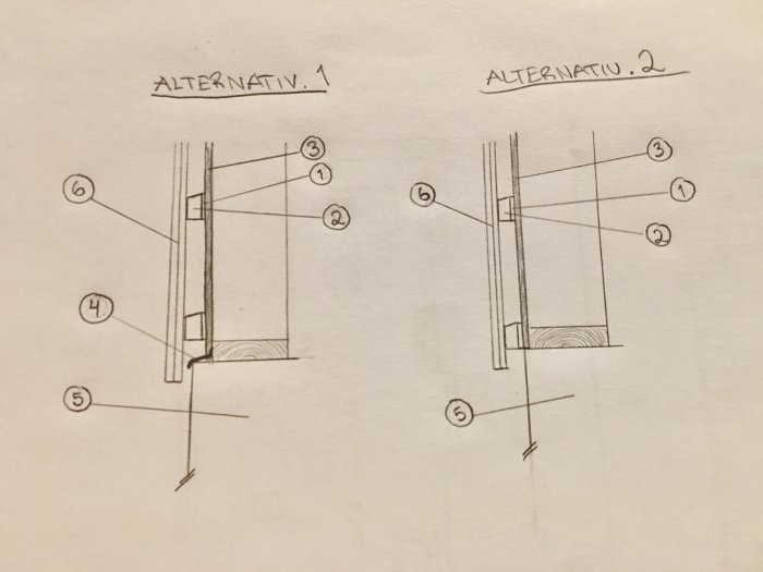 Handritade skisser av två alternativ för montering av ytterpanel med distanser, spikreglar, vindskiva, droppbleck och albalk.