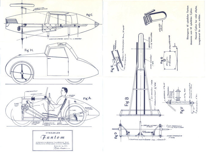 Ritningar av olika vyer och komponenter till cykelbilen Fantom, inklusive en sittande förare.