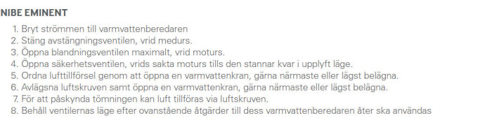 Instruktionslista för tömning av varmvattenberedare från NIBE EMINENT.