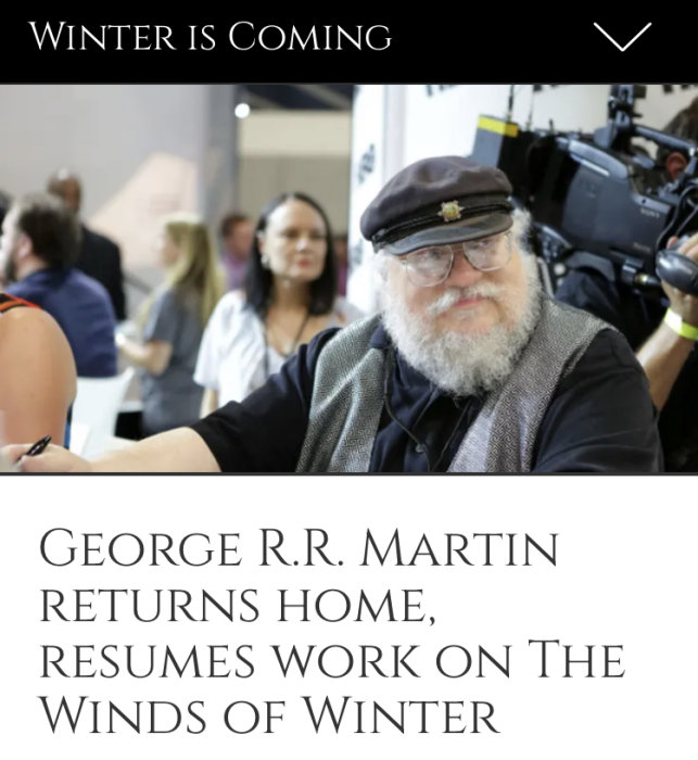 En skäggig man med basker signerar böcker, "Winter is Coming" text ovanför.