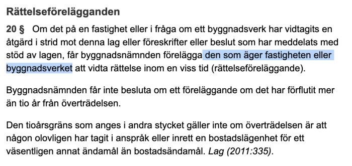 Bild på textavsnitt ur plan- och bygglagen som beskriver rättsföreläggande och tidsgränser.