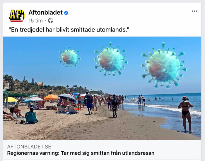 Strandscen med människor och parasoller redigerad med stora viruspartiklar i luften, illustrerar smittrisk.