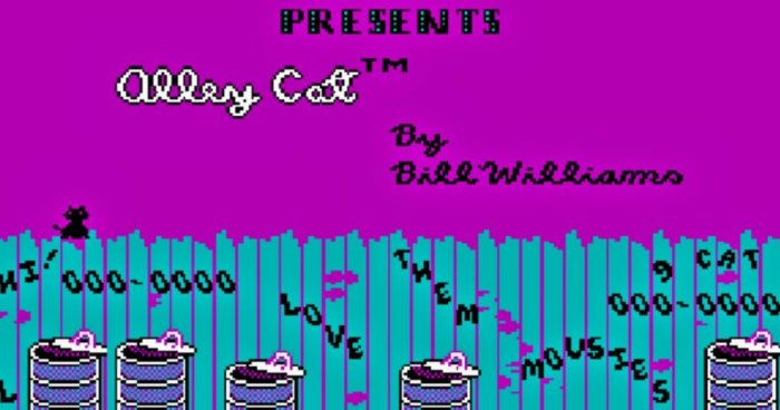 Retro CGA pixelgrafik från spelet Alley Cat, med texten "Presents Alley Cat" och skaparens namn.