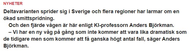 Nyhetsartikel om Deltavarianten som sprider sig i Sverige, med citat från KI-professorn Anders Björkman om den fjärde vågens effekter.