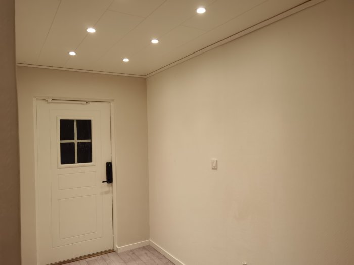Renoverad hall med infällda spotlights i taket och en vit dörr med fönster.