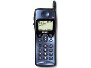 Vintage Philips Fizz mobiltelefon från 1997, svart med numeriskt tangentbord och liten skärm.