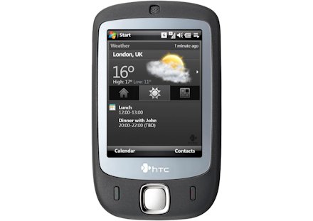 Äldre HTC Touch smartphone med väderwidget som visar London, 16°C, och andra ikoner på skärmen.