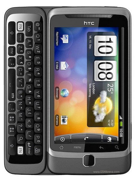 HTC Desire Z smartphone med öppet tangentbord och stor pekskärm visande hemskärmen.