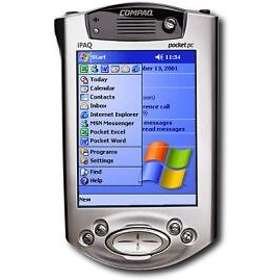 Compaq iPAQ Pocket PC med startskärmen synlig, visande program som Inbox och Calendar.