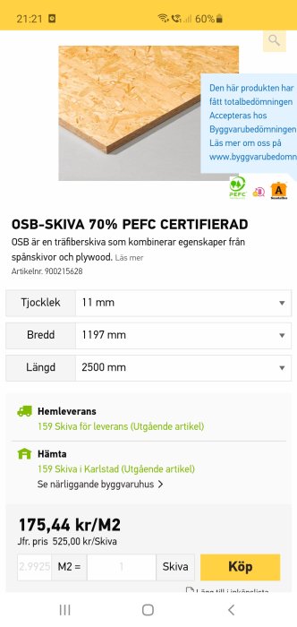 Skärmdump av en OSB-skiva på en byggvaruhussida med priser och dimensioner.