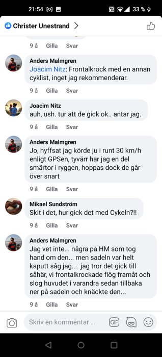 Skärmdump av Facebook-konversation angående en cykelolycka och dess konsekvenser.