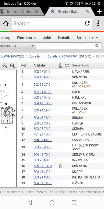 Skärmdump av en reservdelslista med artikelnummer och beskrivningar för gräsklippare.