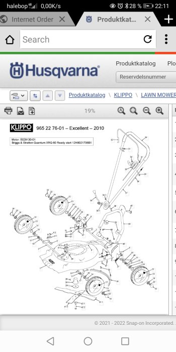 Explosionsritning av Husqvarna gräsklippare modell Klippo Excellent från 2010.