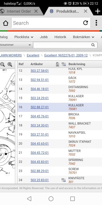 Skärmdump av en reservdelslista och diagram över gräsklippardelar med markering av kullager 70081.