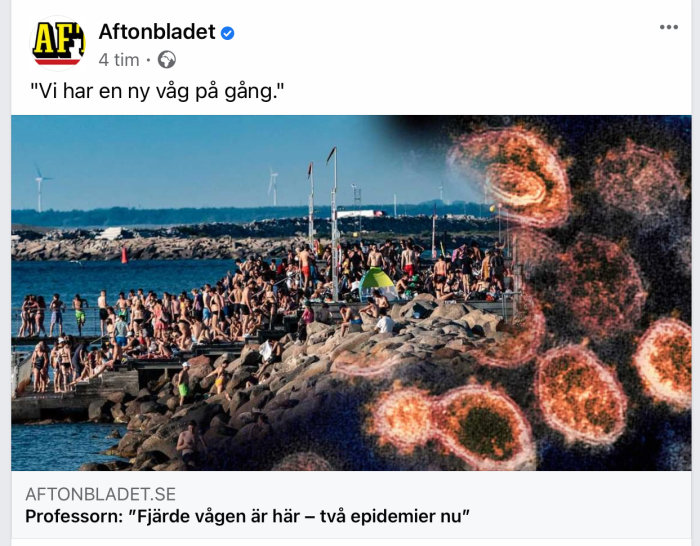 Artikel från Aftonbladet med bild av folksamling på strand och illustrativa viruspartiklar.