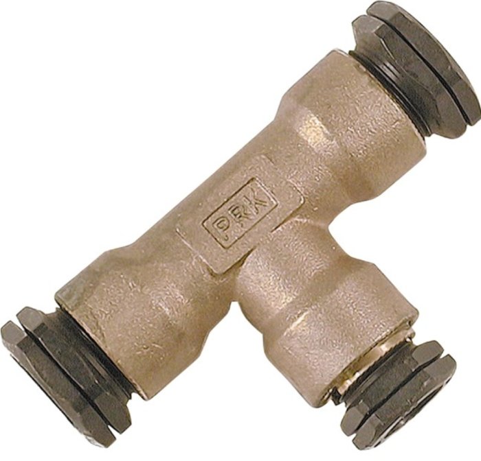 En T-koppling för PEM-rör, 25 mm anslutningar, i bronsfärgat material med svarta tätningar.