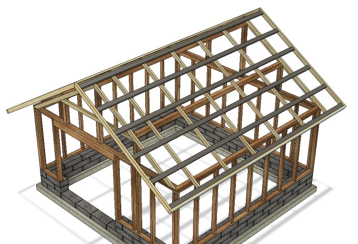 3D-modell av en trästomme till ett hus med takstolar, reglar och bärläkten.