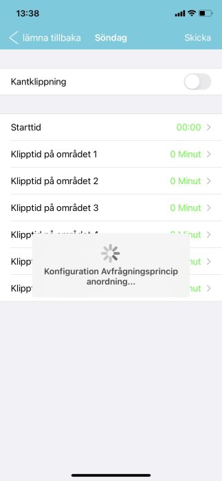 Skärmdump av app med inställningar för klipptid och starttid för trädgårdsarbete.