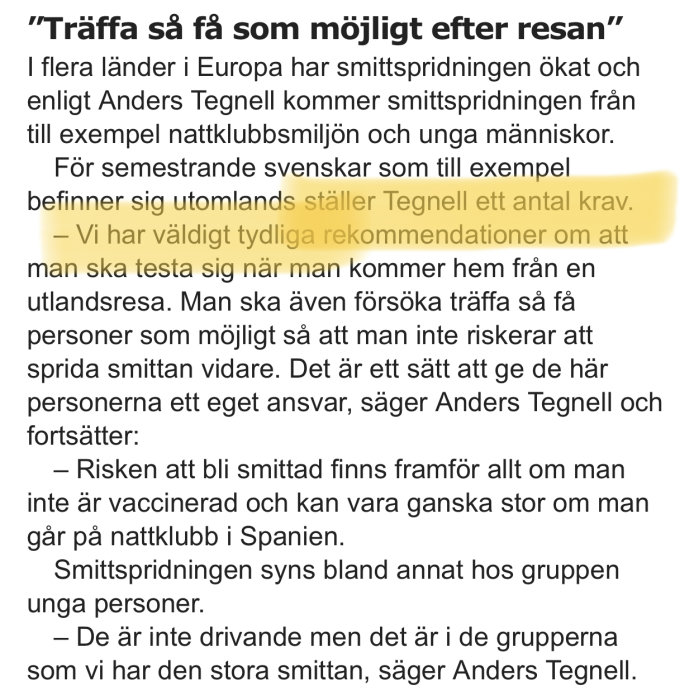 Skärmdump av en artikeltext som diskuterar rekommendationer och krav för svenskar efter resor, med fokus på att undvika smittspridning.