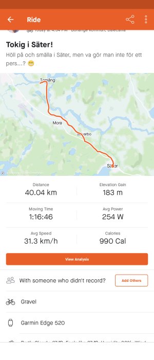 Skärmavbildning av cykelturdata visar sträcka, tid, snitthastighet och karta över turen "Tokig i Säter".