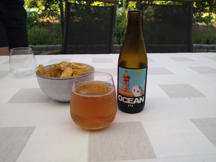 En flaska OCEAN APA folköl och ett glas öl bredvid en skål med chips på ett rutigt bord.