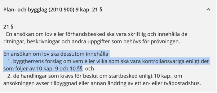 Utdrag från Plan- och bygglagen som visar paragraf för bygglovsansökan och dess krav.