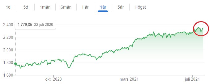 Linjediagram som visar ett börsindex över ett år med en nedgång markerad vid slutet.