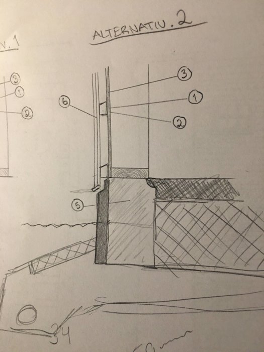 Handritad skiss av väggkonstruktion med cellglas-skiva, spikregel, och isolering markerad.