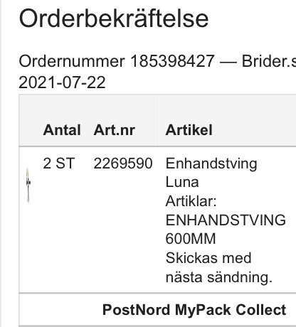 Skärmdump av en orderbekräftelse med produkten "Enhandsving Luna" och dess artikelnummer samt kvantiteten "2 ST".