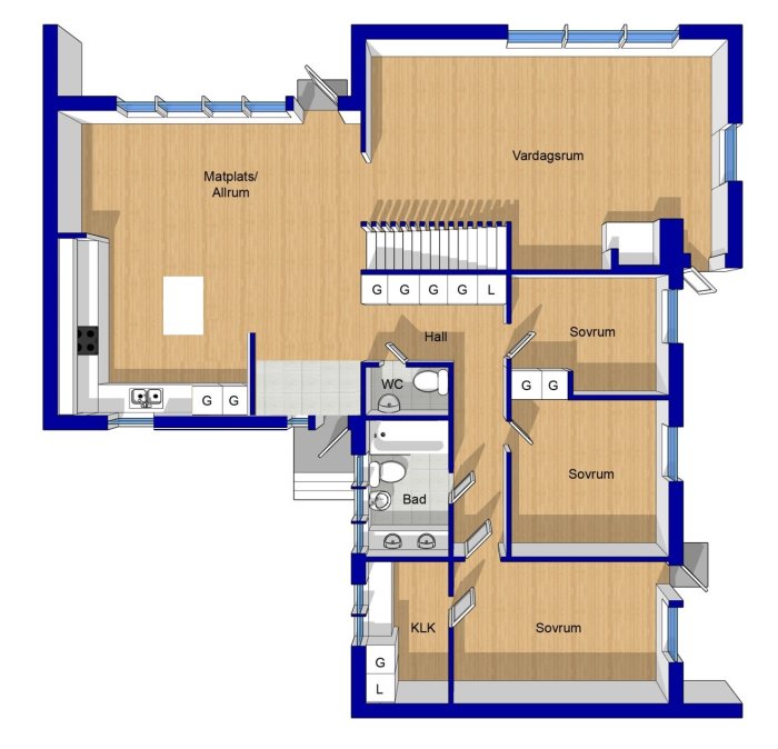Planritning av ettvåningshus med markerade rum inklusive sovrum, vardagsrum, matplats och kök.