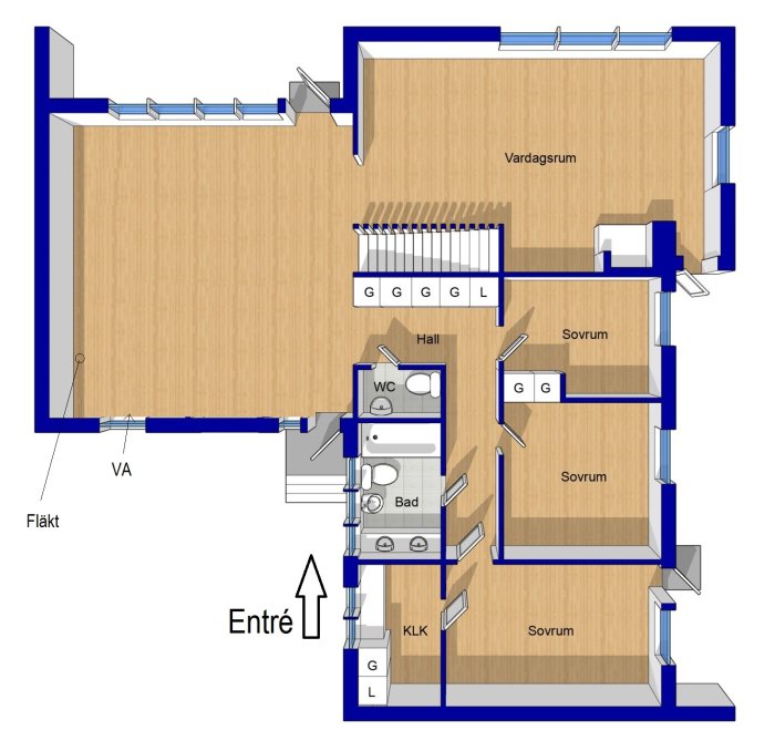 Planritning av ett hus med tre sovrum, ett badrum, kök samt vardagsrum markerade i blått och möbleringsförslag.