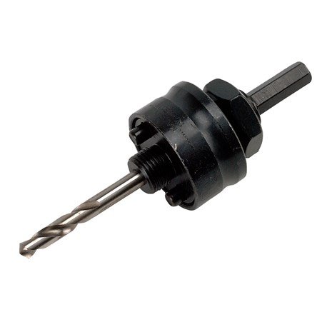 Närbild av en centrumborr med hållare, använd för att fästa och styra en hålsåg vid borrning.