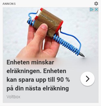 Hand håller en Voltbox-enhet ansluten med spiralkabel, annonseras minska elräkningen.