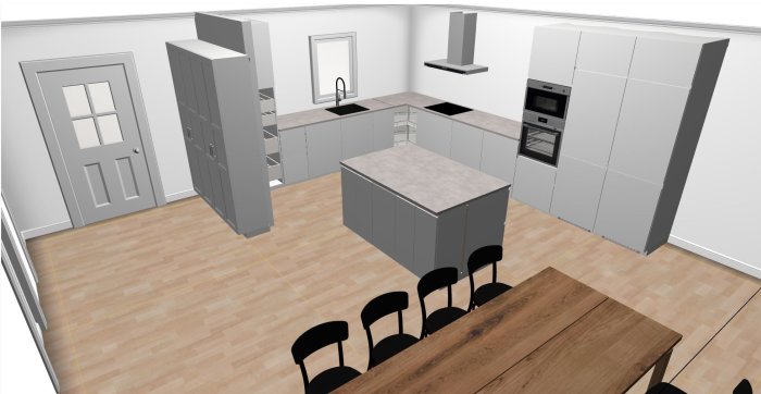 3D-modell av ett kök sett från entrédörren, med öskåp och matplats synlig, köket ej direkt synligt.