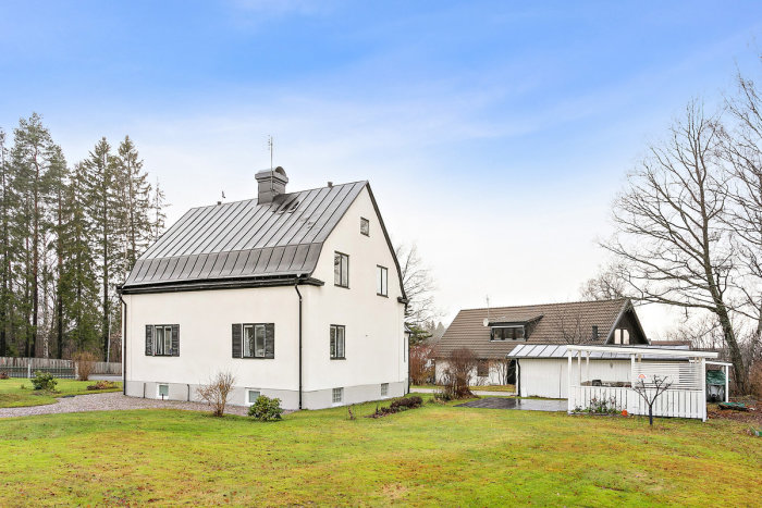 Vitt hus från 1924 med moderna fönster och fönsterluckor, omgivet av grönska och himmel.