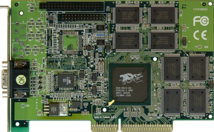 Vintage 3dfx Voodoo grafikkort med flera kretsar, VGA-anslutning och företagslogotyp.